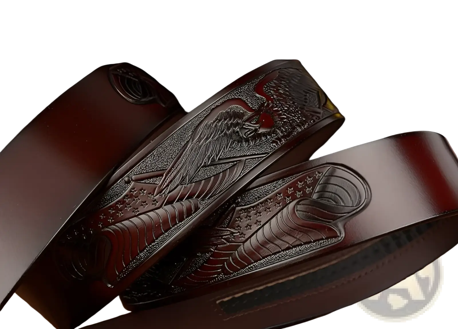 Men’s dark brown leather ratchet belt featuring an intricately engraved eagle buckle with stars and stripes design