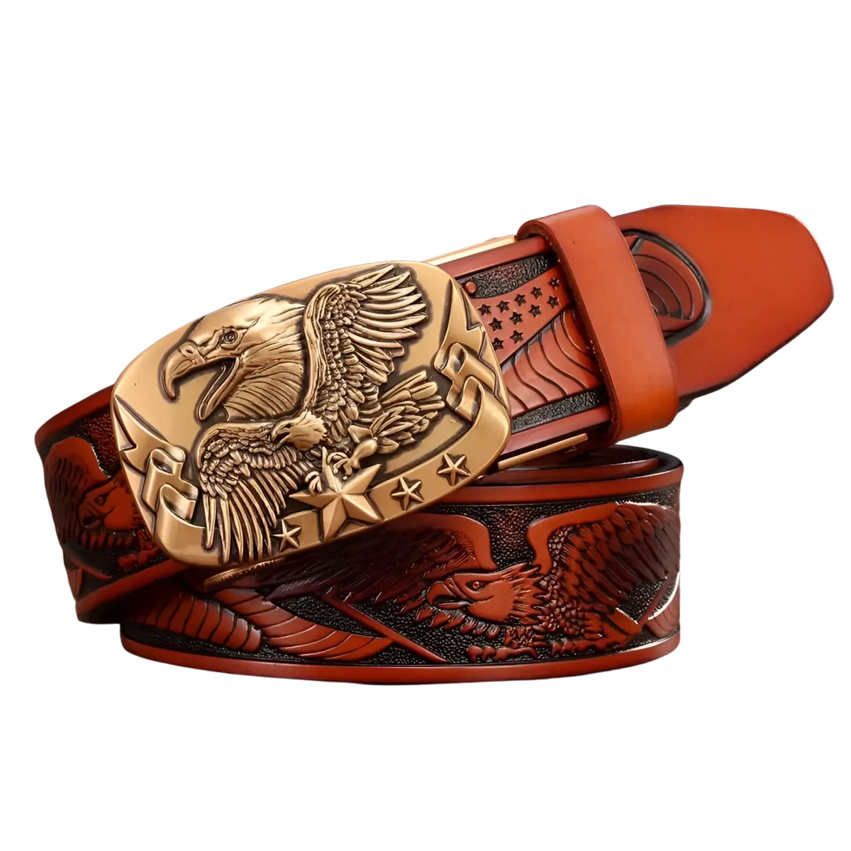 Men’s rich brown leather ratchet belt with a detailed bronze eagle buckle and embossed eagle star patterns