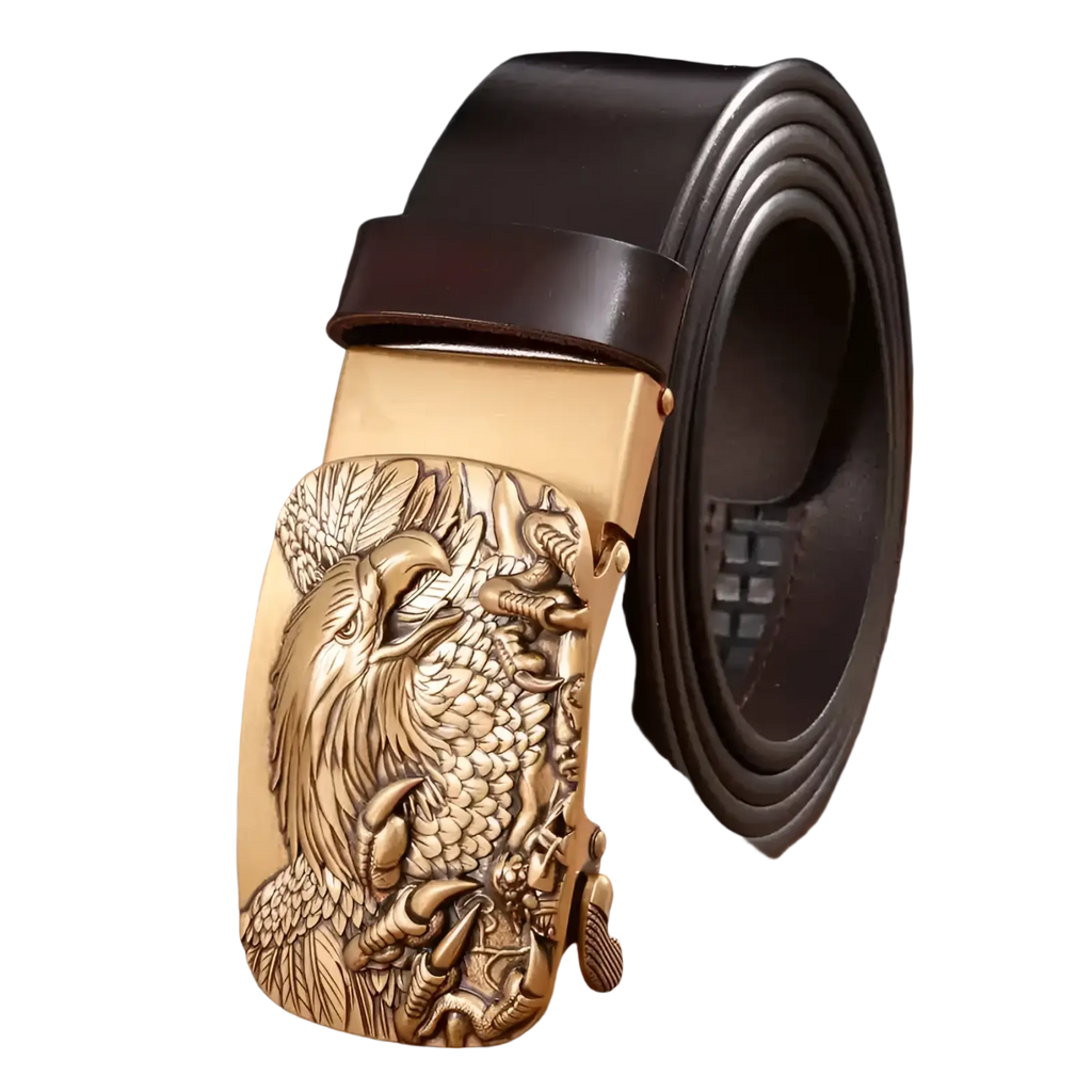 Men’s leather ratchet belt with a detailed bronze eagle and dragon buckle and dark brown leather strap