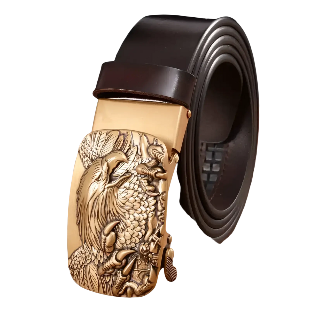Men’s leather ratchet belt with a detailed bronze eagle and dragon buckle and dark brown leather strap