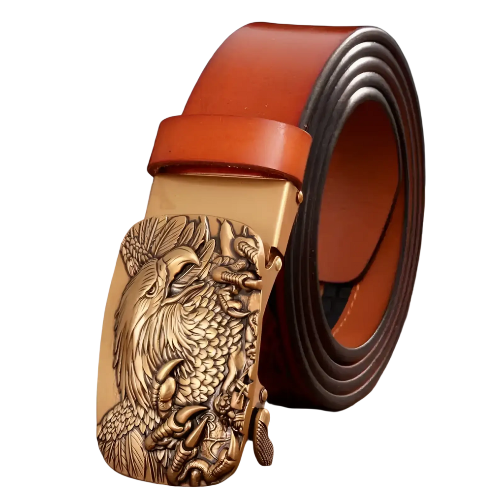 Men’s leather ratchet belt with a detailed bronze eagle buckle featuring intricate feather and claw carvings and rich brown leather