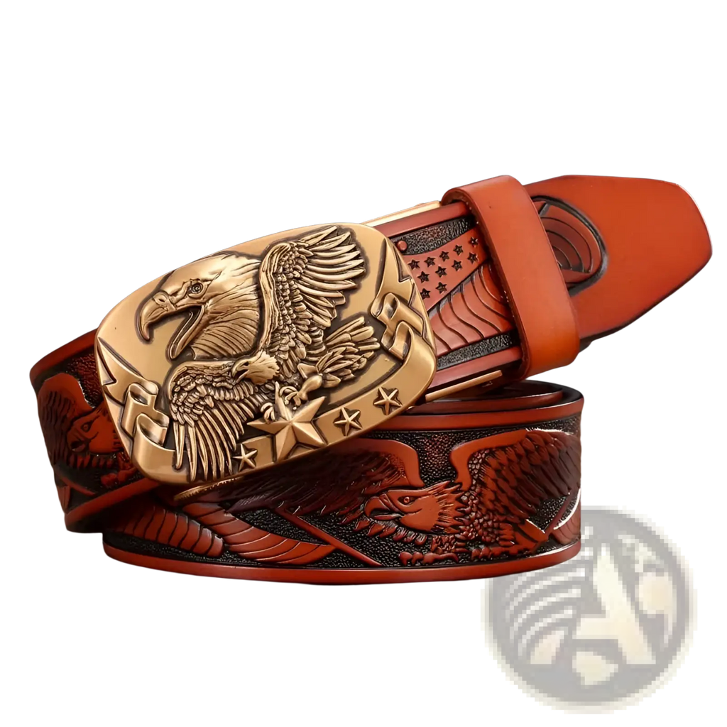 Men’s rich brown leather ratchet belt with a detailed bronze eagle buckle and embossed eagle star patterns