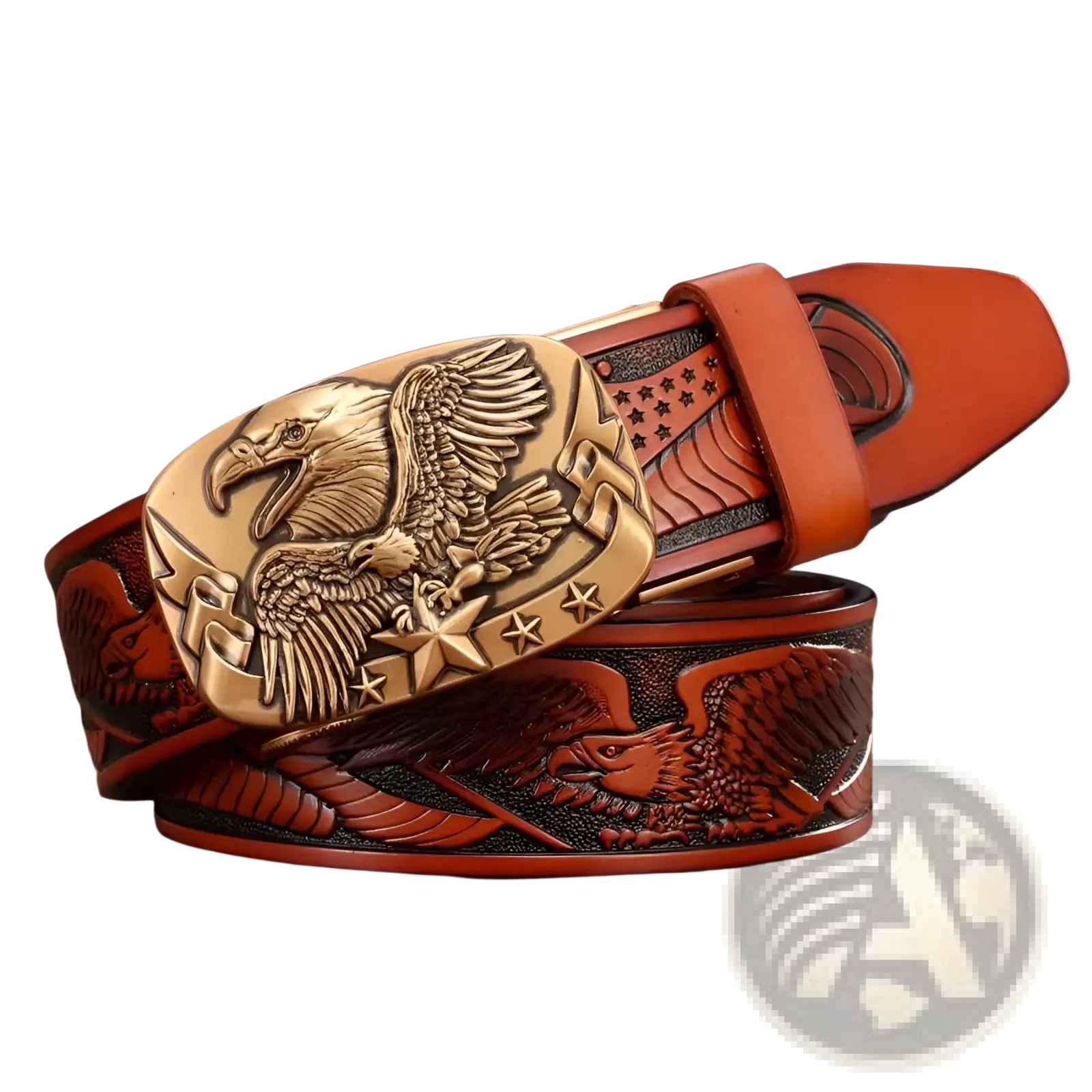 Men’s rich brown leather ratchet belt with a detailed bronze eagle buckle and embossed eagle star patterns