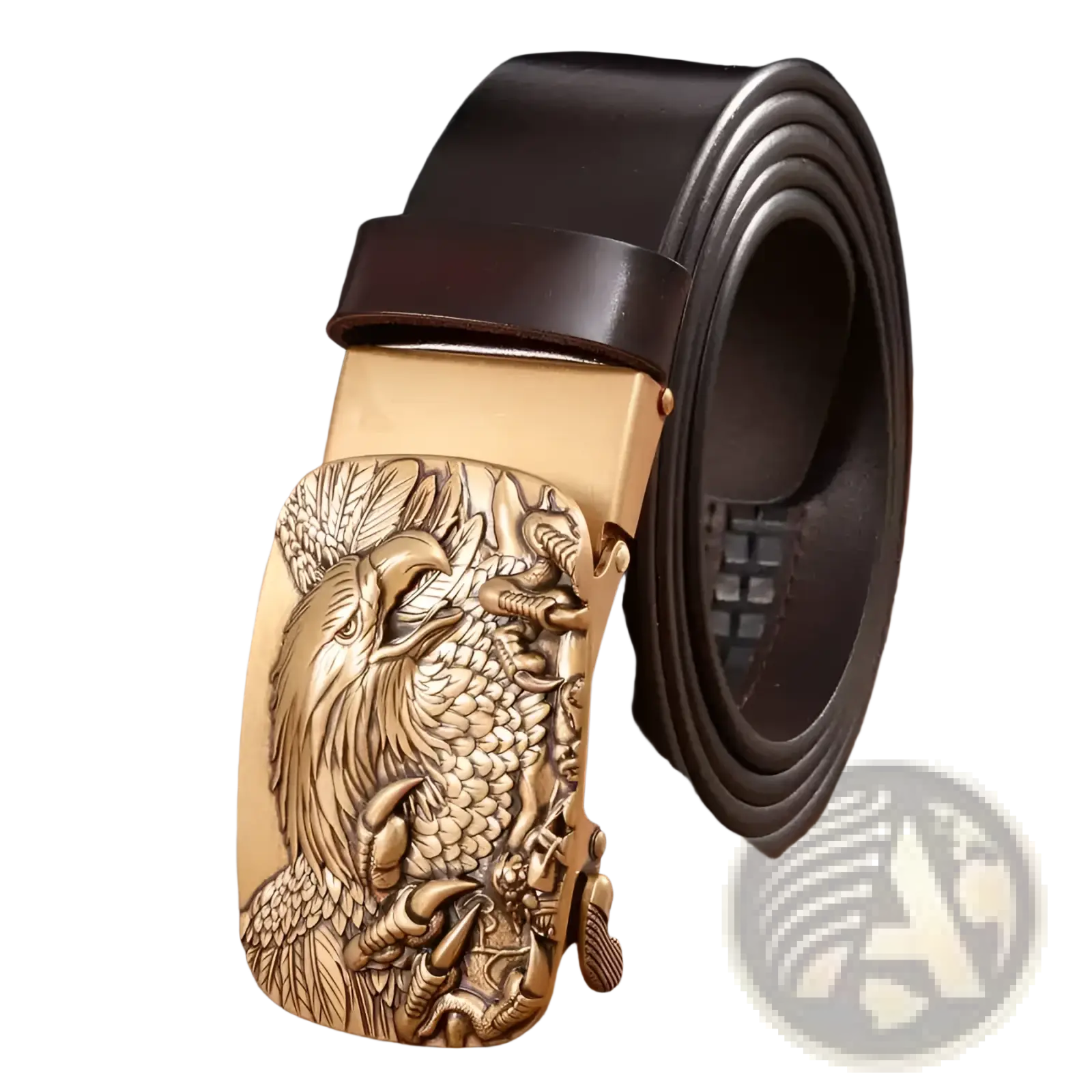 Men’s leather ratchet belt with a detailed bronze eagle and dragon buckle and dark brown leather strap