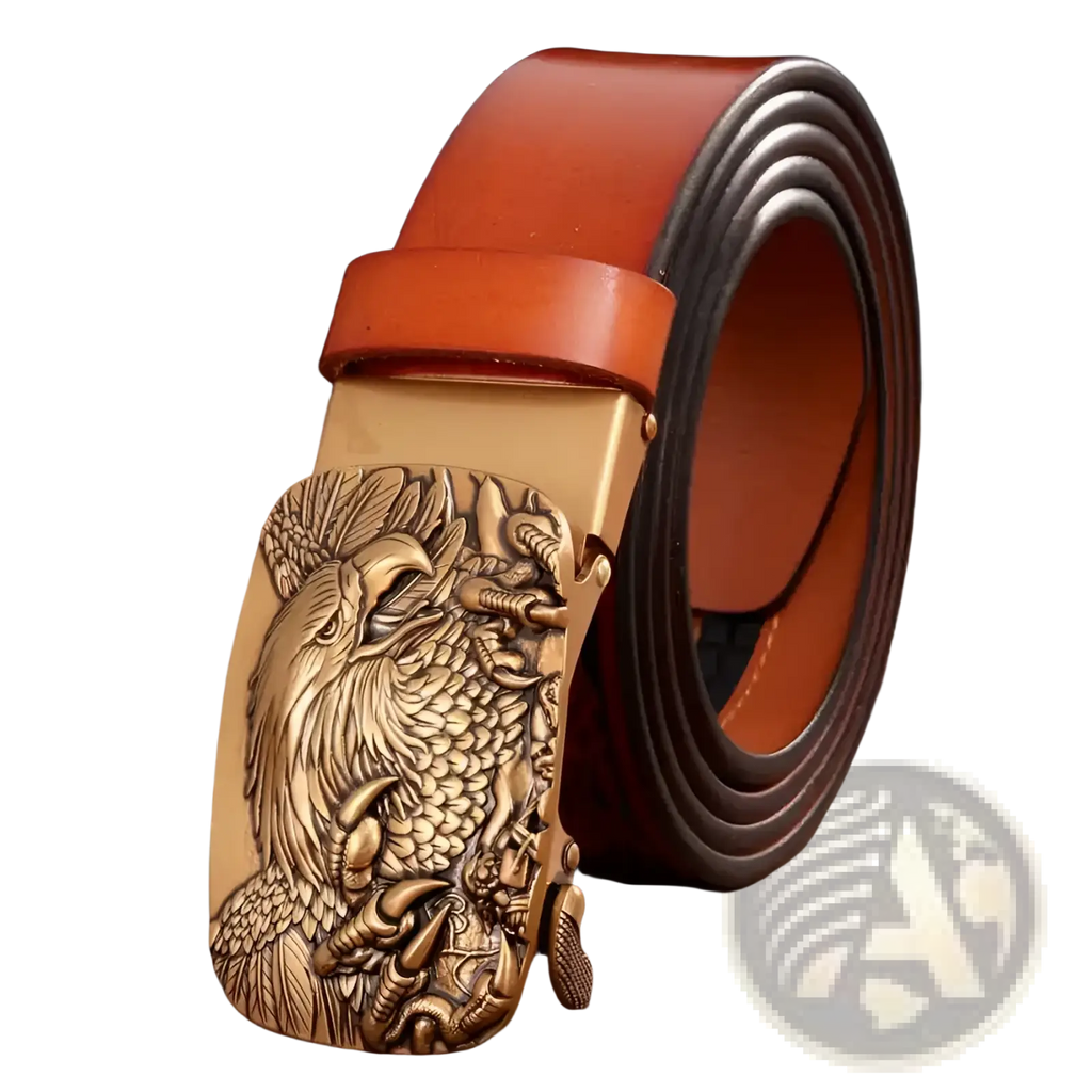 Men’s leather ratchet belt with a detailed bronze eagle buckle featuring intricate feather and claw carvings and rich brown leather