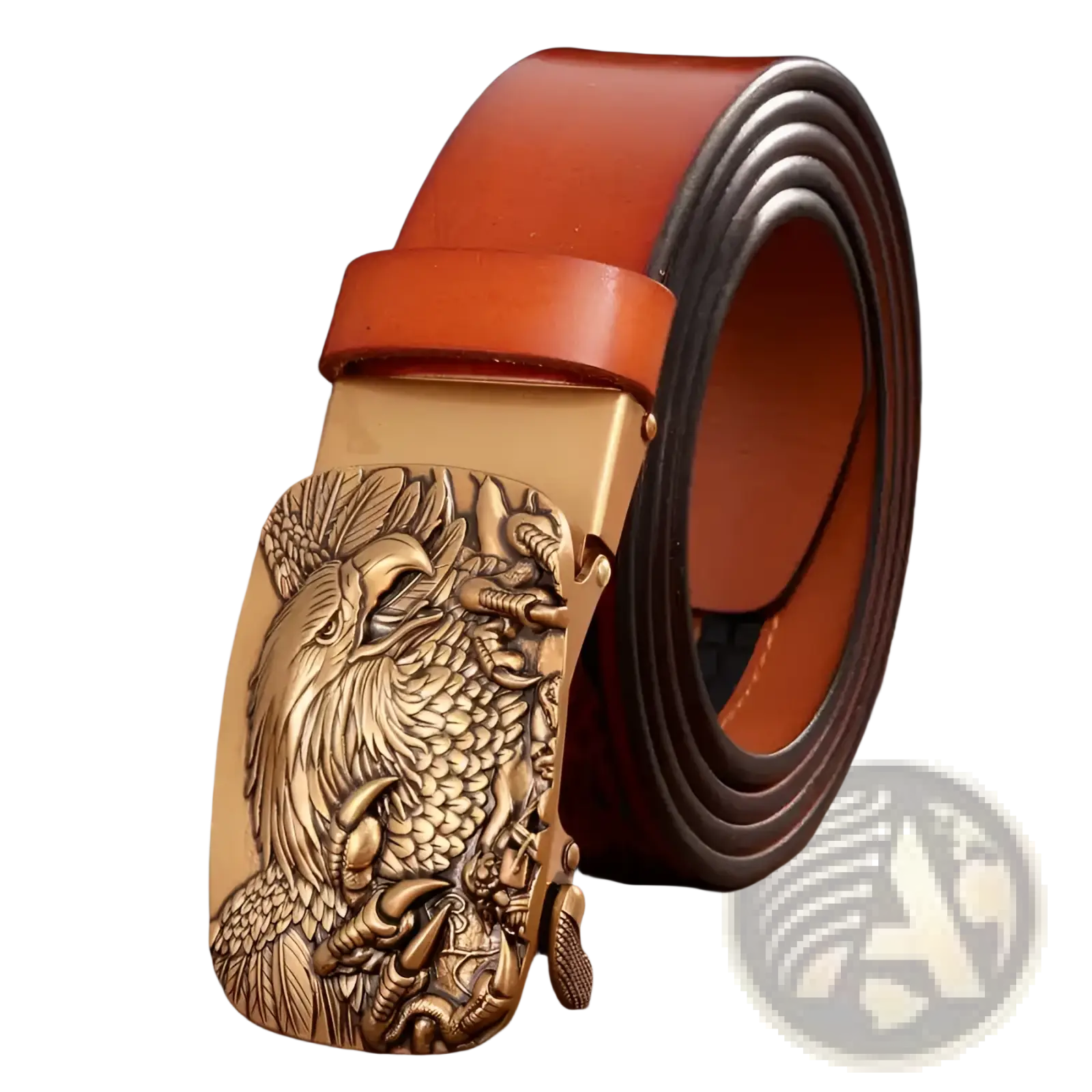 Men’s leather ratchet belt with a detailed bronze eagle buckle featuring intricate feather and claw carvings and rich brown leather