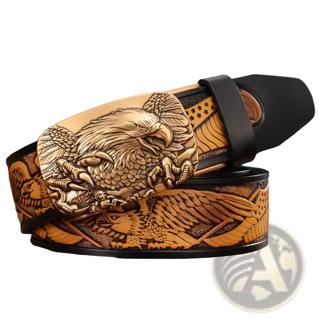 Men’s leather ratchet belt in golden brown with an intricately carved eagle design and black buckle