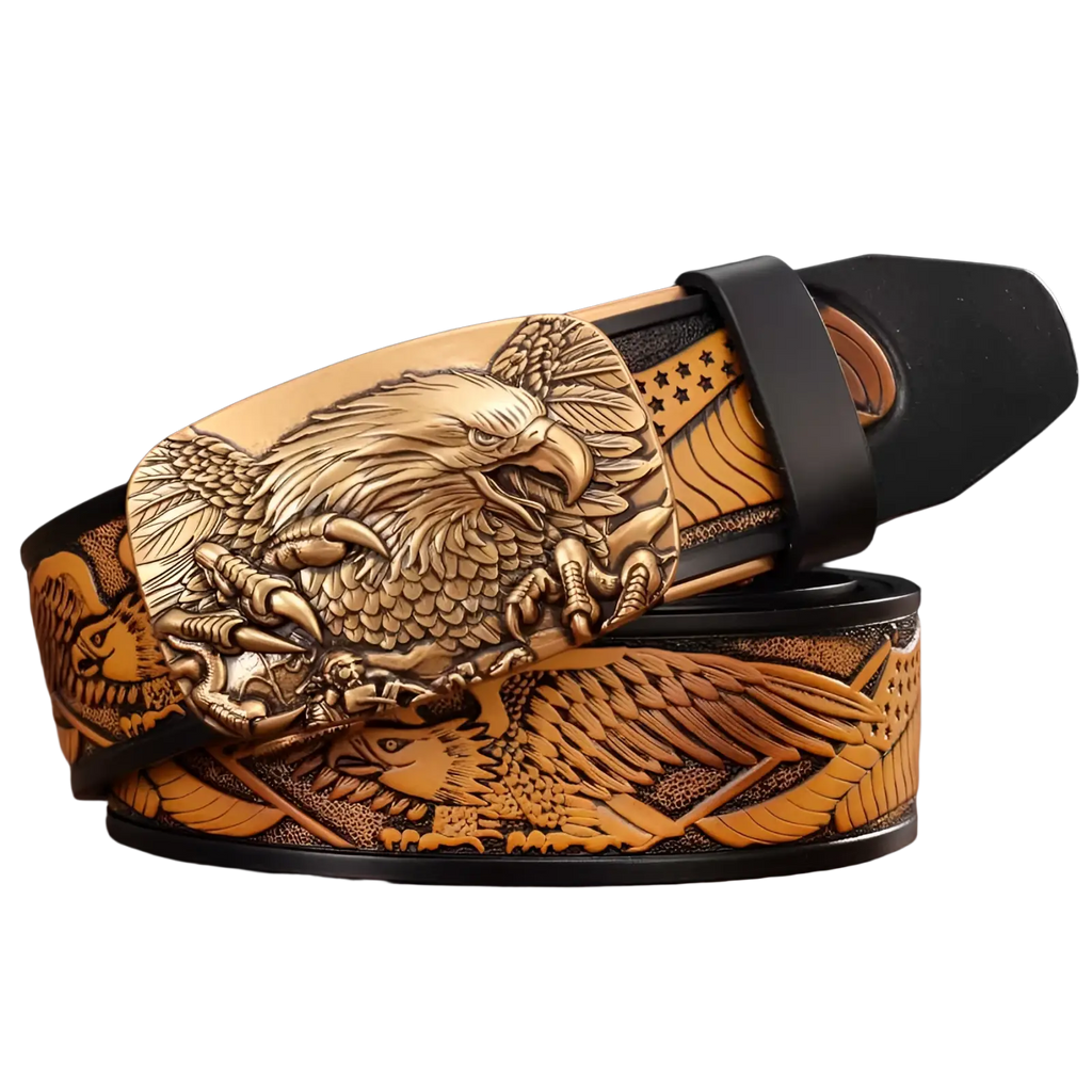 Men’s leather ratchet belt with a hand-carved brown strap and a golden eagle buckle featuring intricate details