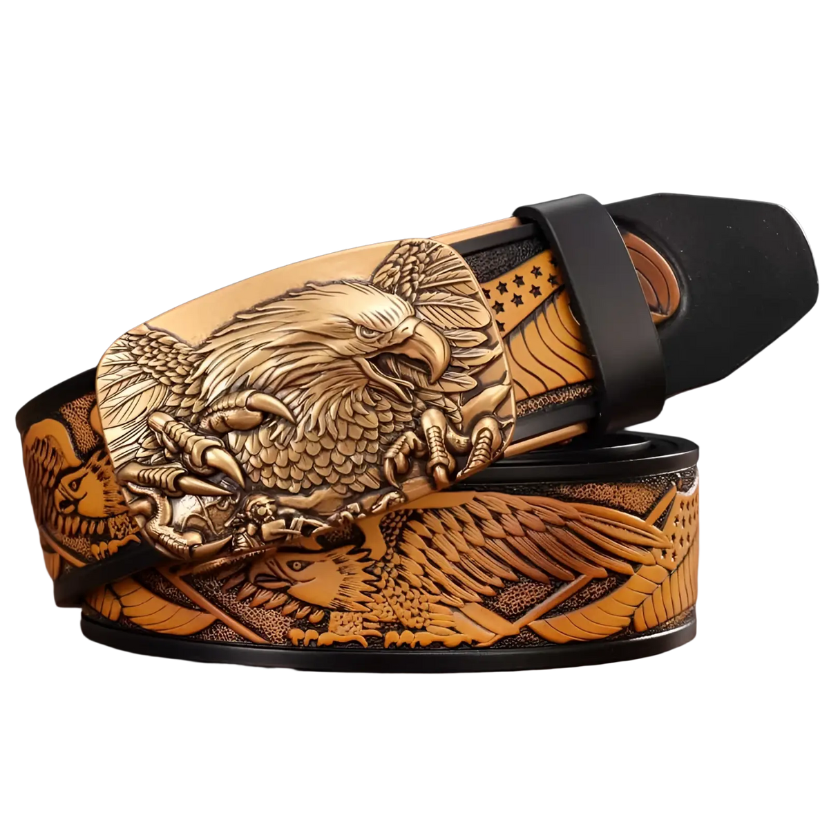Men’s leather ratchet belt with a hand-carved brown strap and a golden eagle buckle featuring intricate details