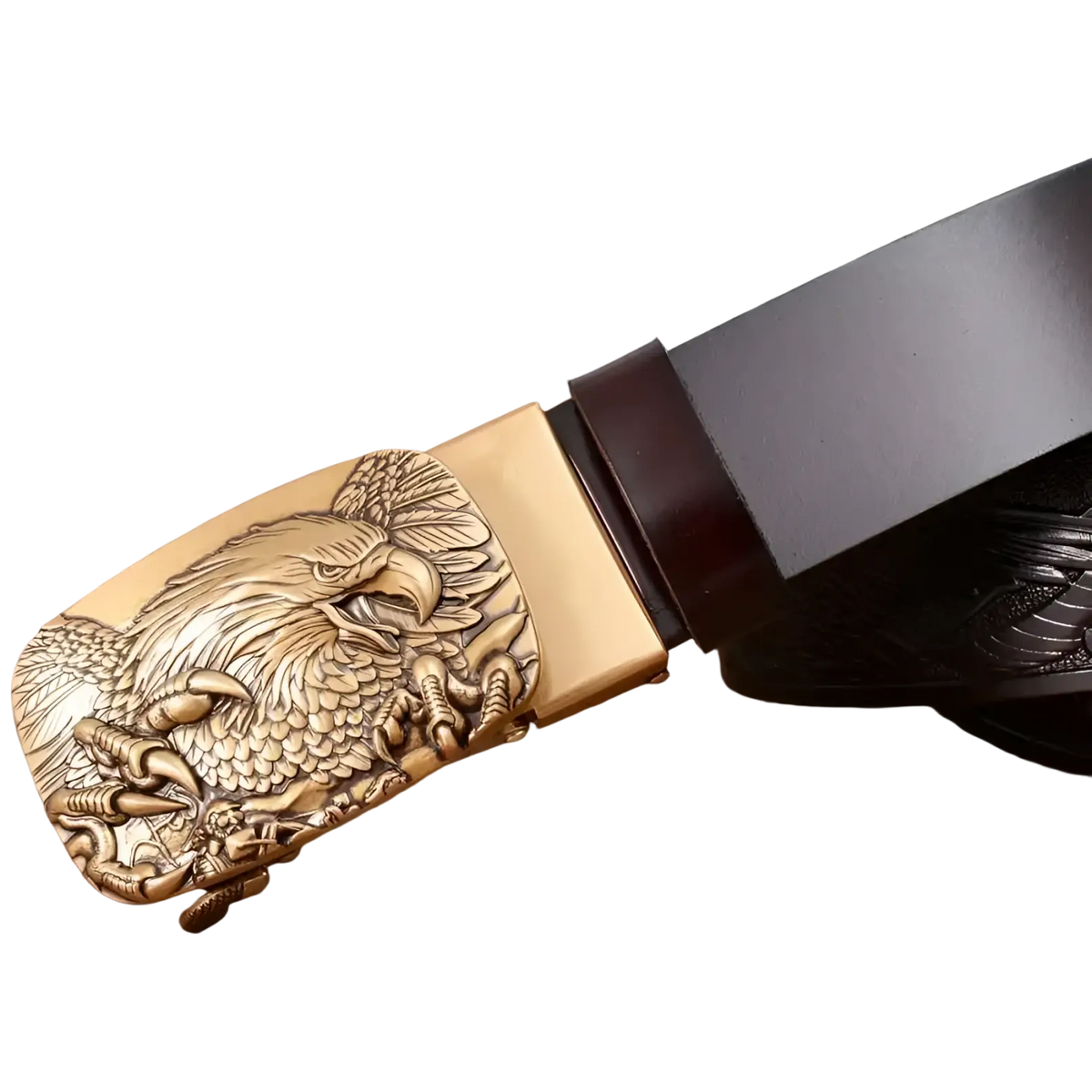 Men’s dark brown leather ratchet belt featuring a gold-toned eagle buckle with intricate detailing