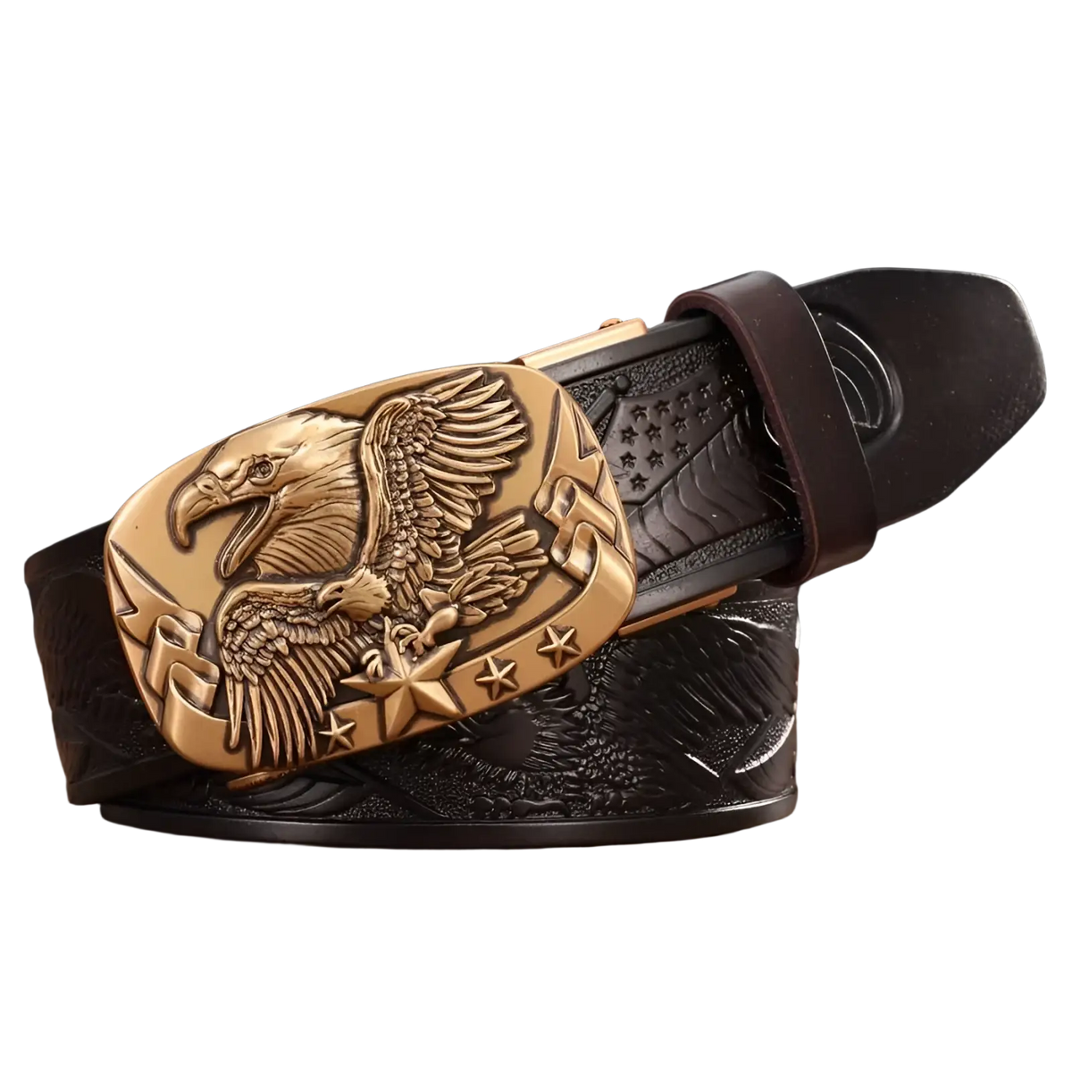 Men’s leather ratchet belt with gold-toned eagle buckle and dark brown leather strap featuring star embossing