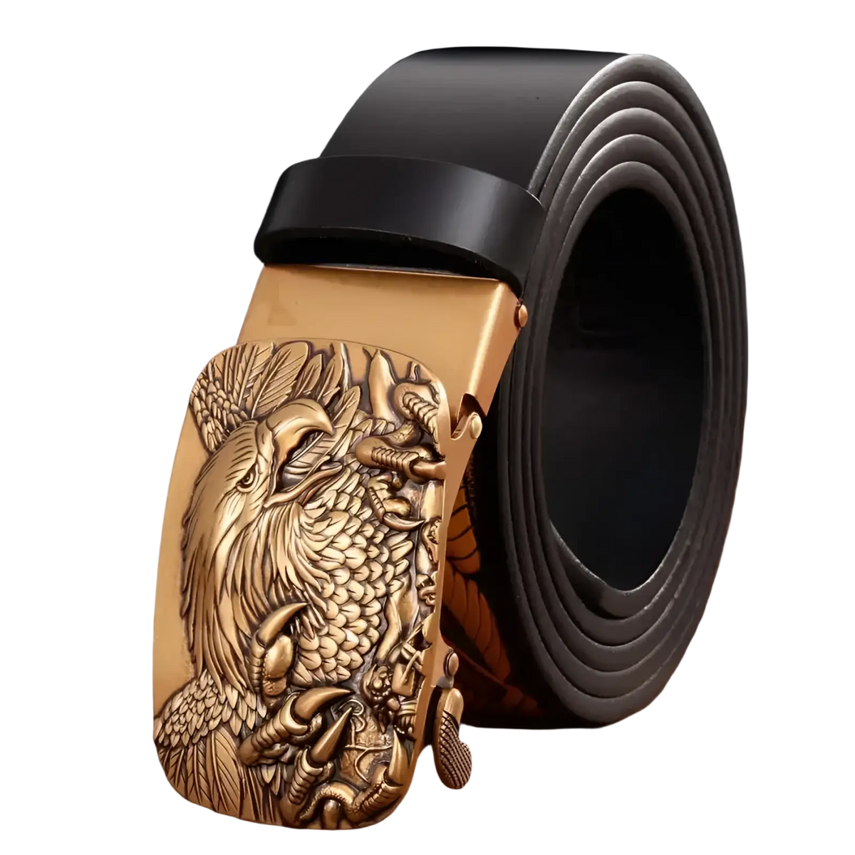 Men’s leather ratchet belt with gold-toned eagle buckle and black leather strap featuring intricate carving