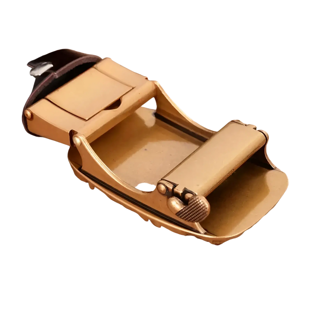 Men’s leather ratchet belt eagle buckle with gold-toned automatic buckle and dark brown textured leather strap