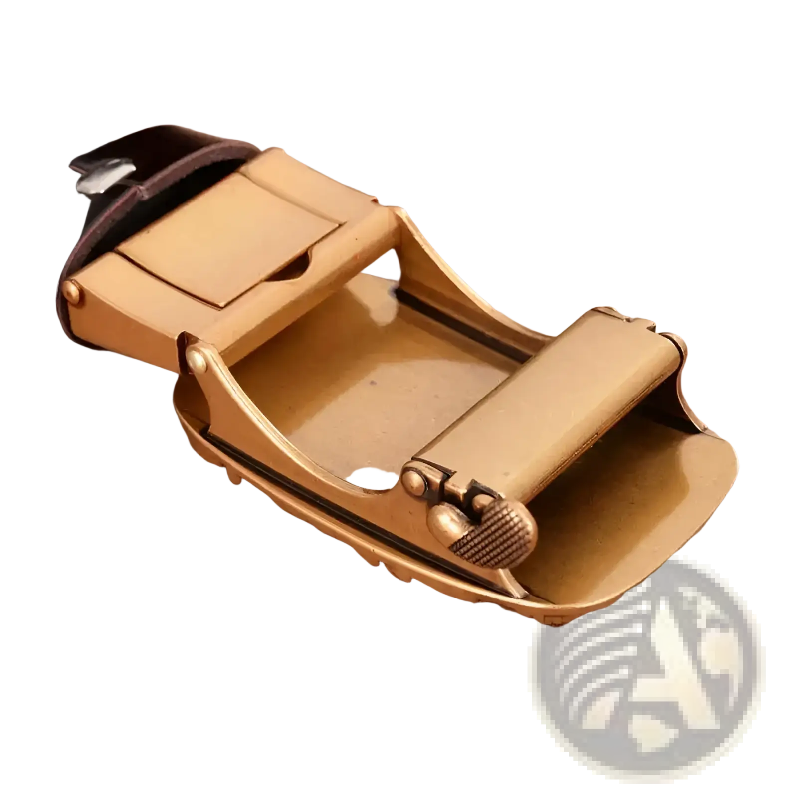 Men’s leather ratchet belt eagle buckle with gold-toned automatic buckle and dark brown textured leather strap