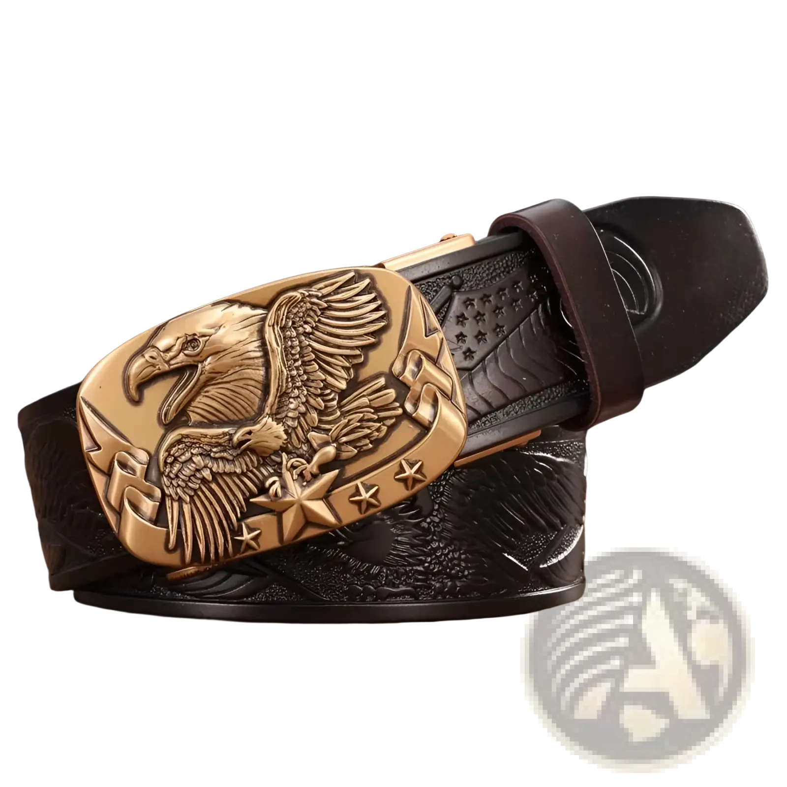Men’s leather ratchet belt with gold-toned eagle buckle and dark brown leather strap featuring star embossing