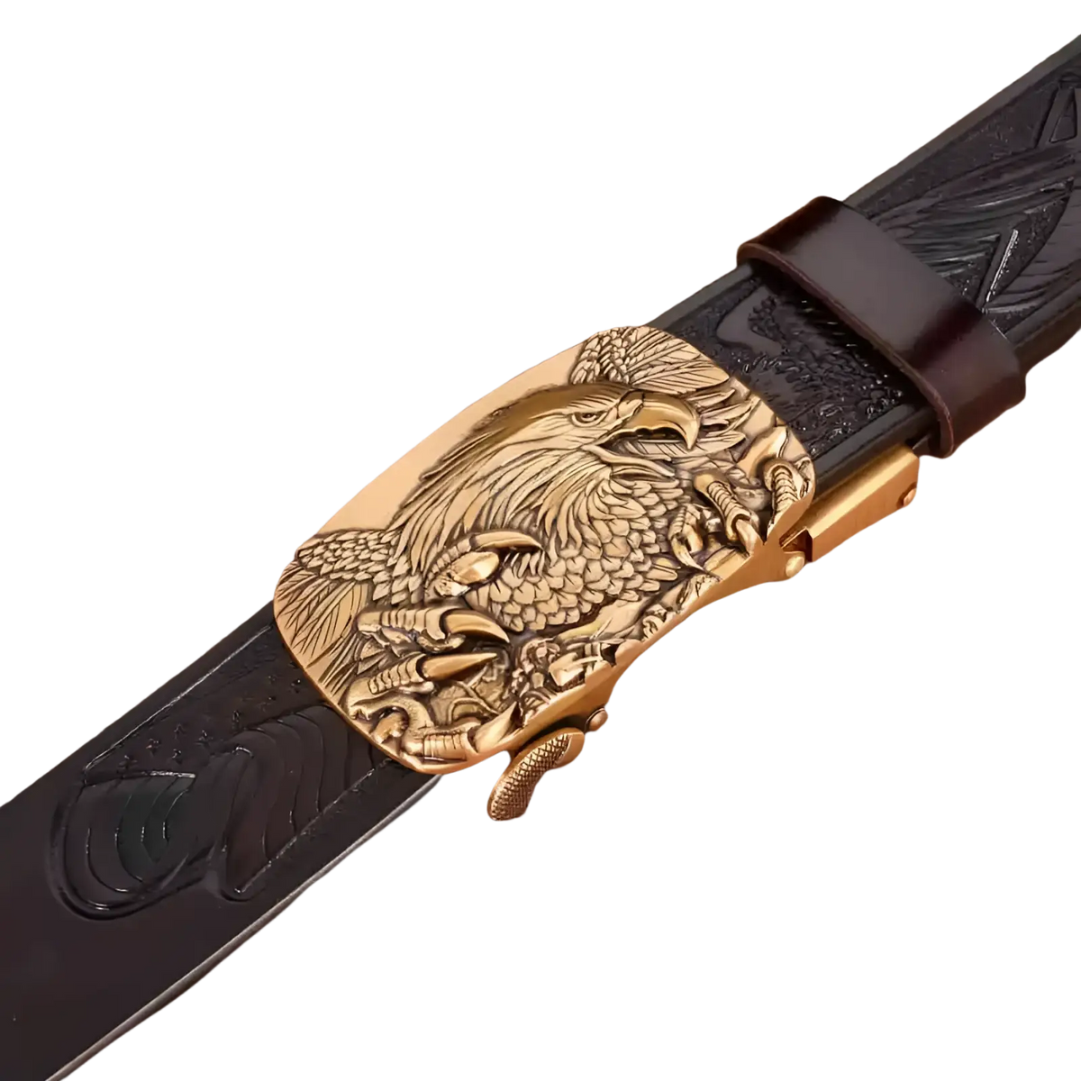 Men’s leather ratchet belt with gold-toned eagle-engraved buckle and dark brown leather strap