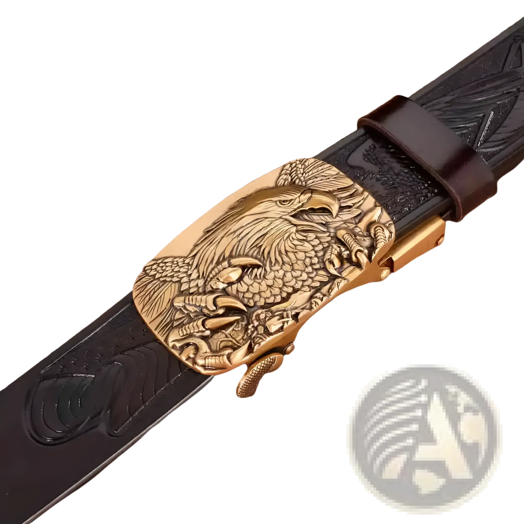 Men’s leather ratchet belt with gold-toned eagle-engraved buckle and dark brown leather strap