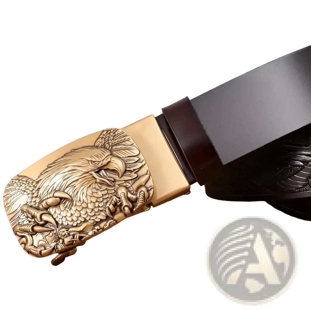 Men’s dark brown leather ratchet belt featuring a gold-toned eagle buckle with intricate detailing
