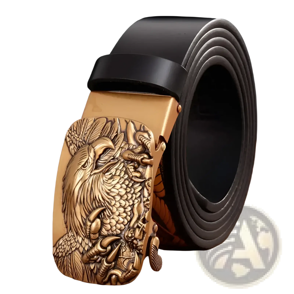 Men’s leather ratchet belt with gold-toned eagle buckle and black leather strap featuring intricate carving