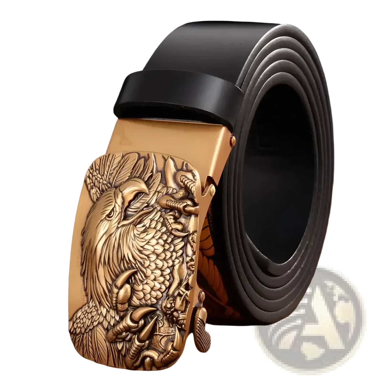 Men’s leather ratchet belt with gold-toned eagle buckle and black leather strap featuring intricate carving
