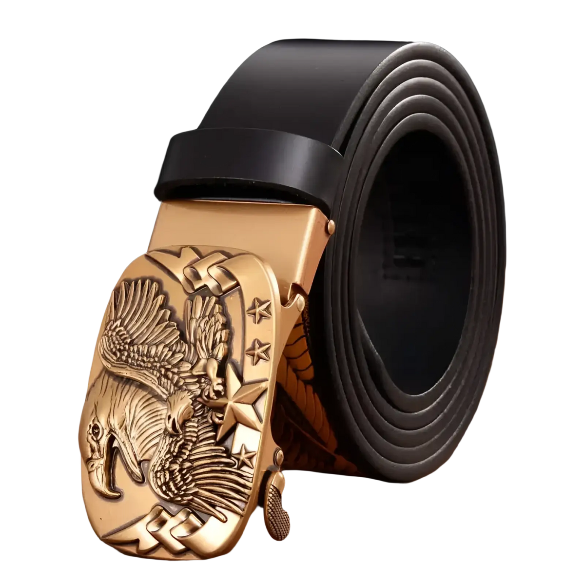 Men’s leather ratchet belt with gold-toned eagle-themed buckle and black leather strap for stylish wear