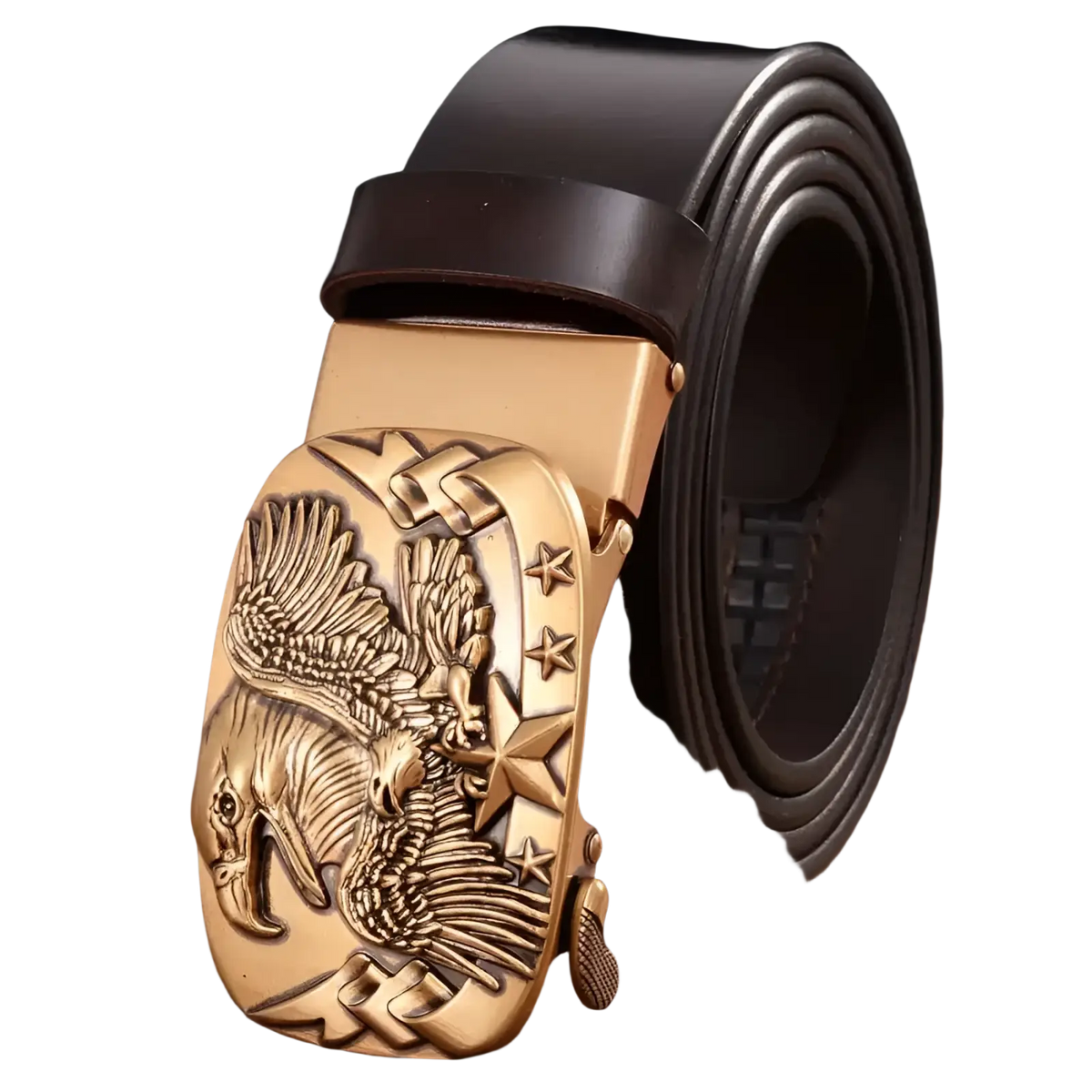 Men’s leather ratchet belt with dark brown strap and gold-toned eagle-themed buckle featuring detailed engraving and stars