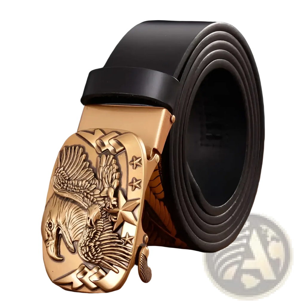 Men’s leather ratchet belt with gold-toned eagle-themed buckle and black leather strap for stylish wear