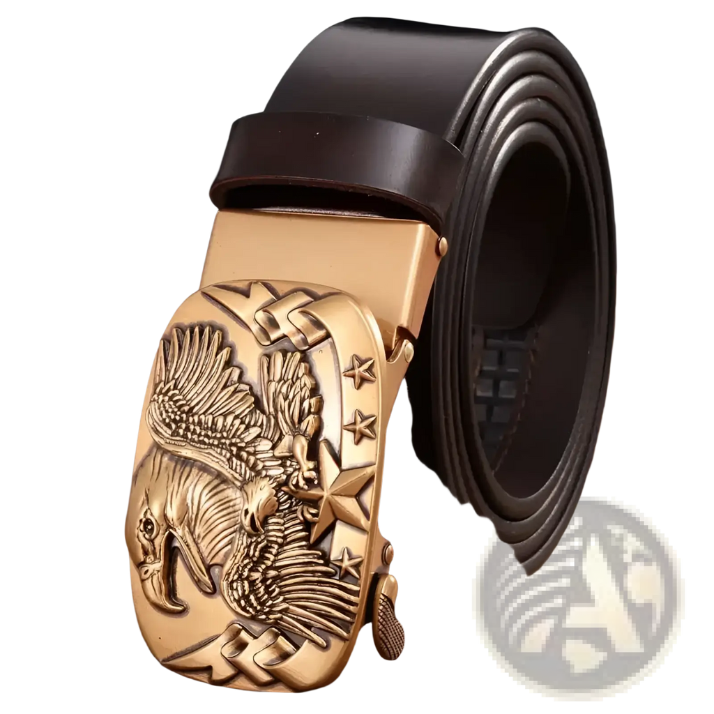 Men’s leather ratchet belt with dark brown strap and gold-toned eagle-themed buckle featuring detailed engraving and stars