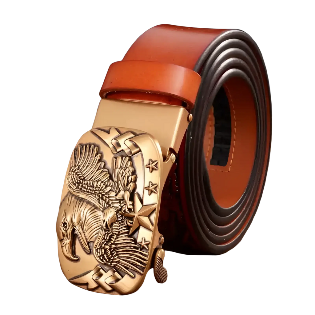 Men’s leather ratchet belt with golden eagle-themed engraved buckle and star motifs on a rich brown leather strap