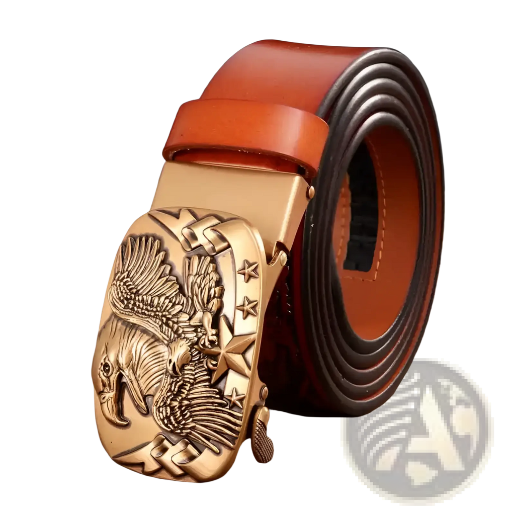 Men’s leather ratchet belt with golden eagle-themed engraved buckle and star motifs on a rich brown leather strap