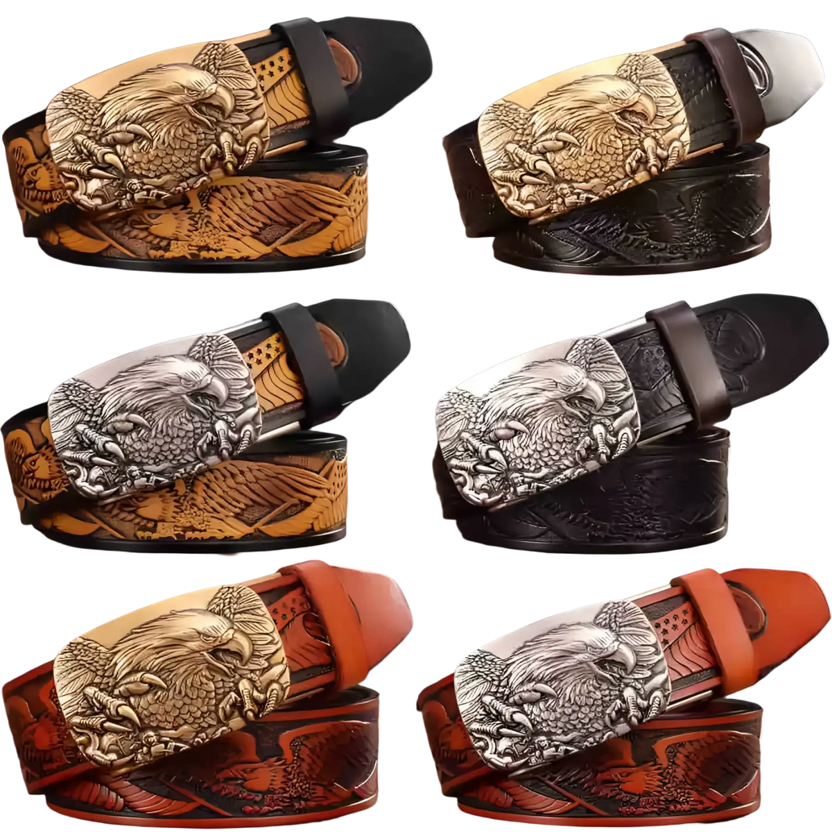 Men’s leather ratchet belts with handcrafted eagle buckles in gold silver and bronze finishes and tooled leather straps