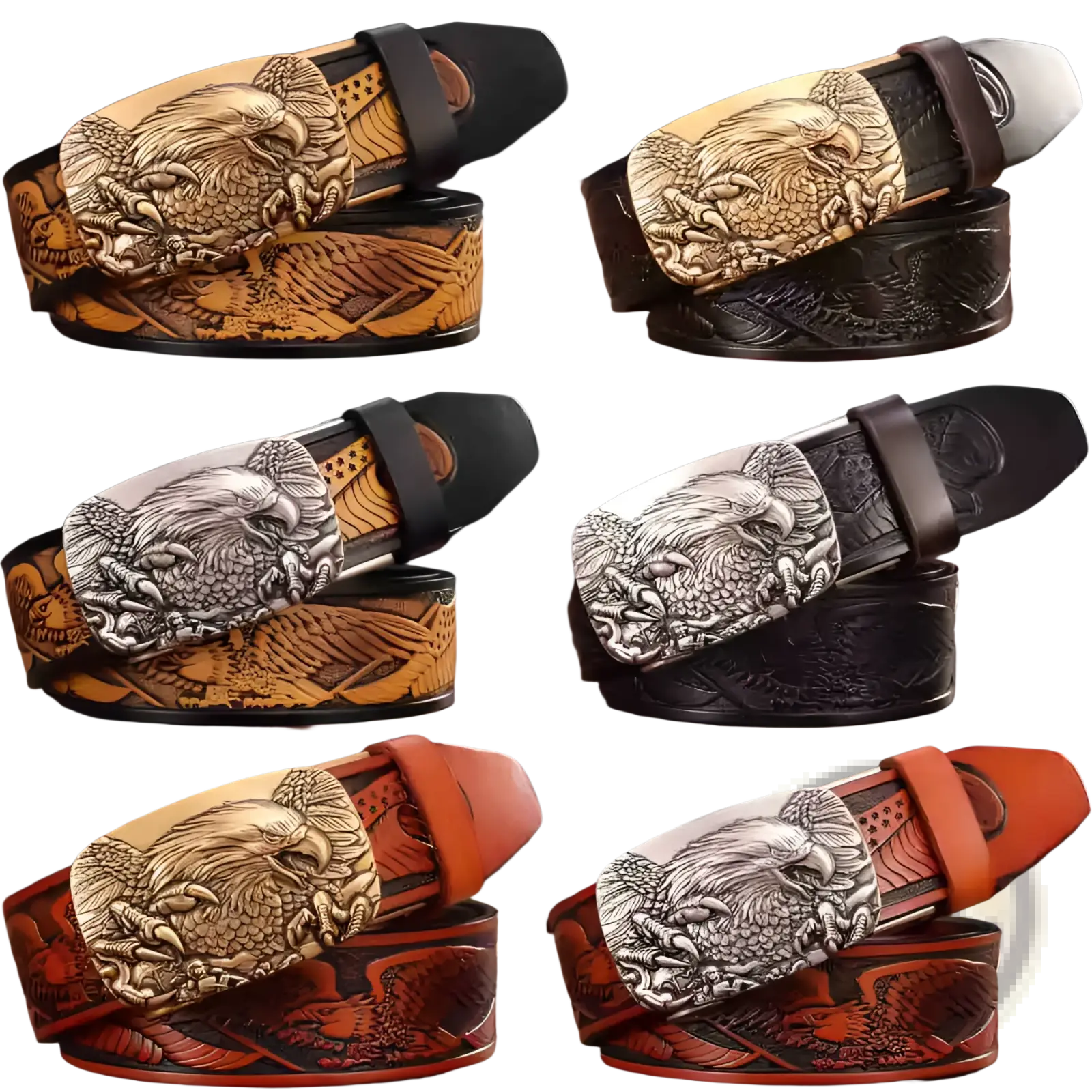 Men’s leather ratchet belts with handcrafted eagle buckles in gold silver and bronze finishes and tooled leather straps