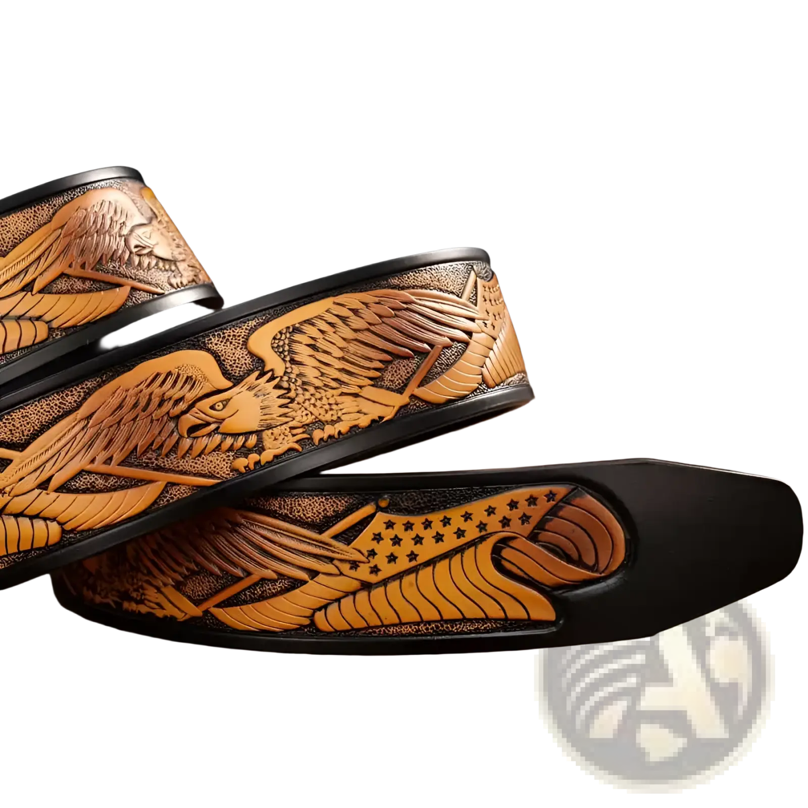 Men’s tan leather ratchet belt with intricately carved american eagle designs and sleek black edges for a refined look