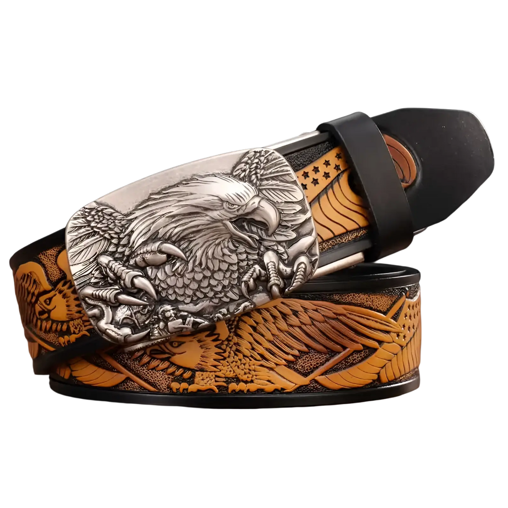 Men’s leather ratchet belt with a silver eagle buckle featuring intricately carved wings and stars on a tan strap
