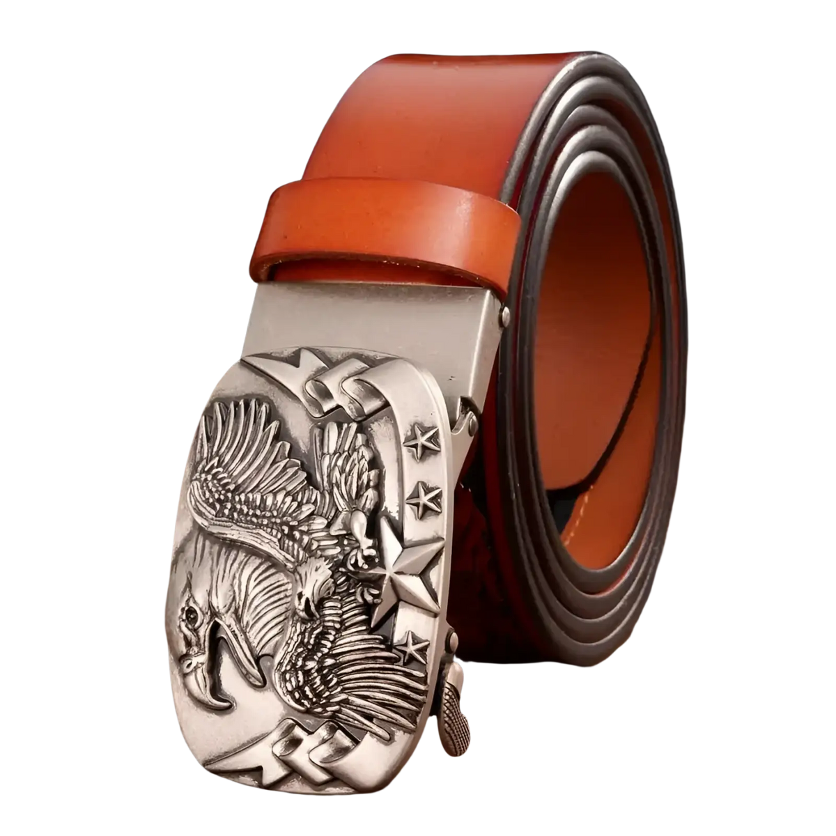 Men’s leather ratchet belt with silver eagle buckle and orange leather strap for stylish and adjustable wear