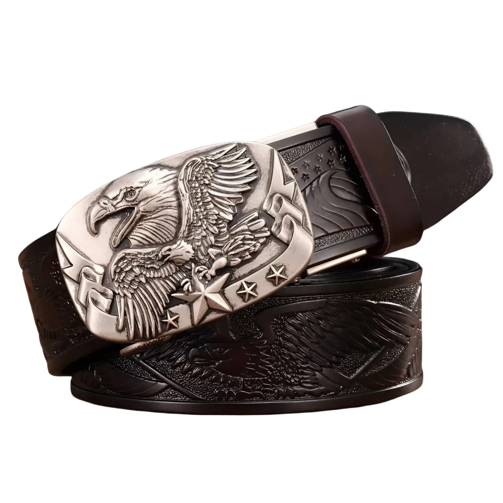 Men’s leather ratchet belt with dark brown leather strap and silver eagle buckle featuring embossed star and eagle designs