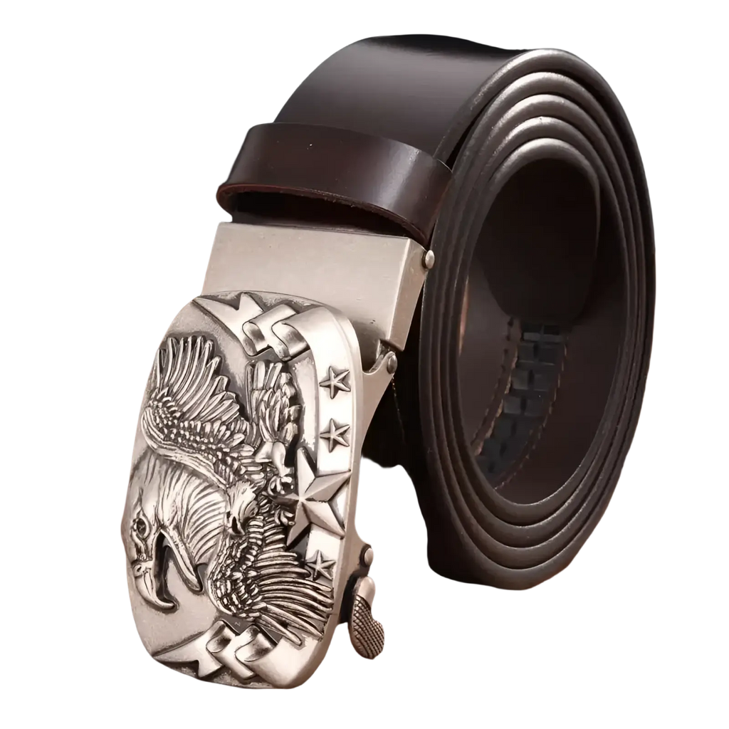 Men’s leather ratchet belt with silver eagle buckle and dark brown leather strap for a stylish and secure fit