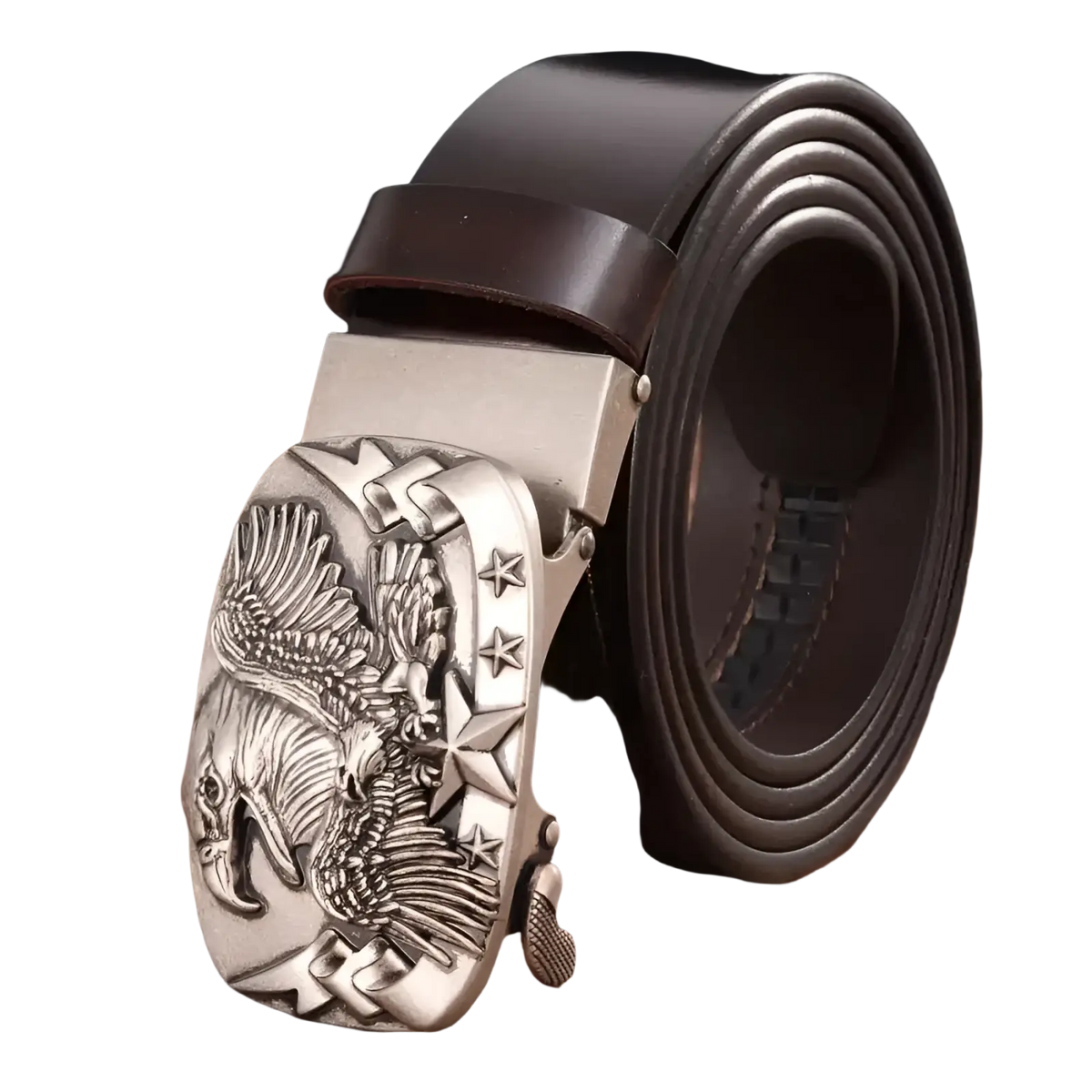 Men’s leather ratchet belt with silver eagle buckle and dark brown leather strap for a stylish and secure fit