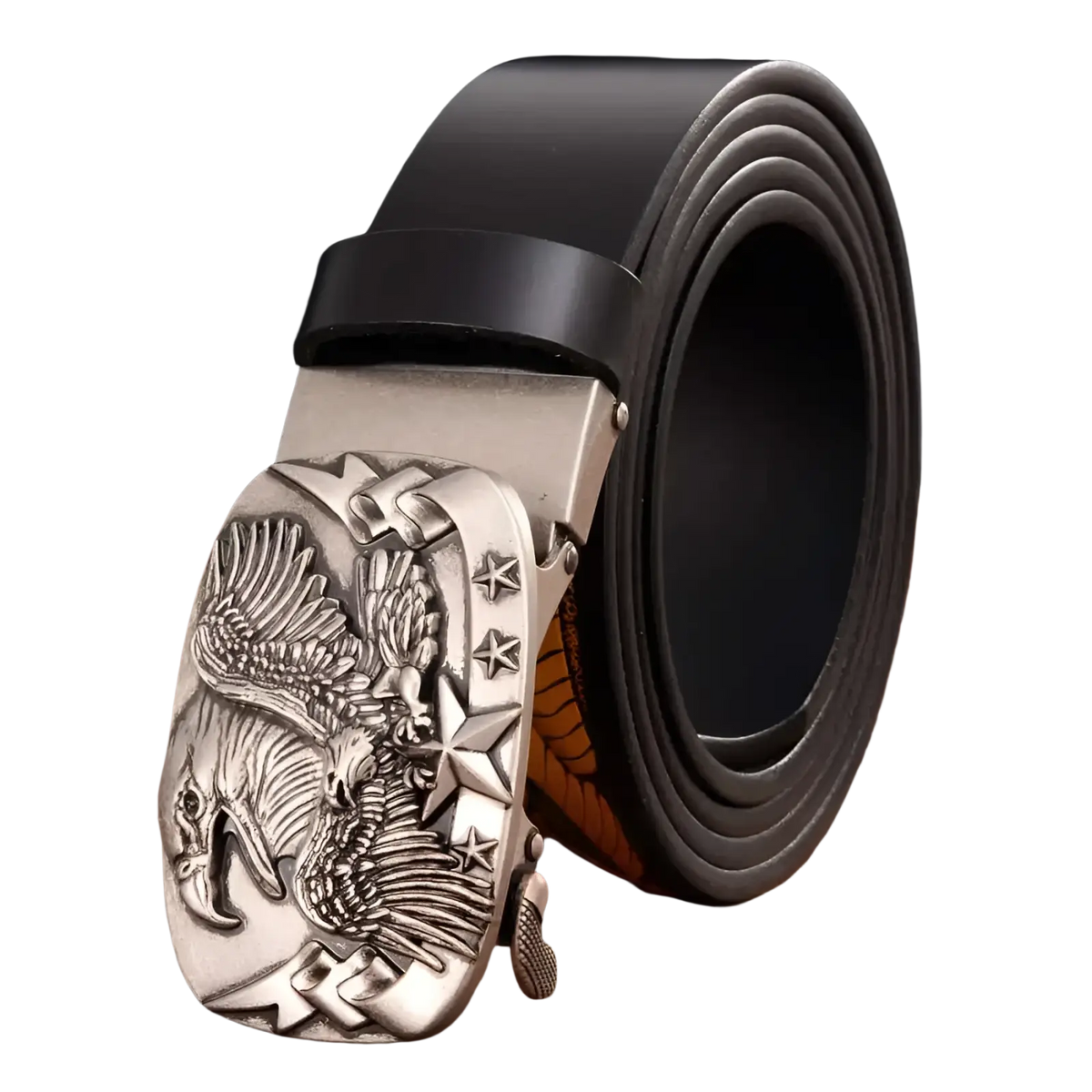 Men’s leather ratchet belt with silver eagle buckle, black leather strap, and star accents for a bold look