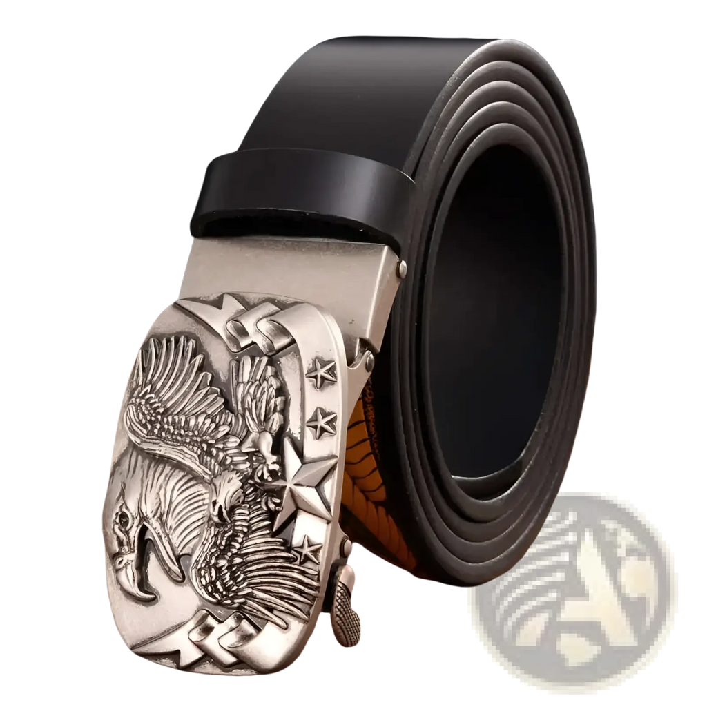 Men’s leather ratchet belt with silver eagle buckle, black leather strap, and star accents for a bold look