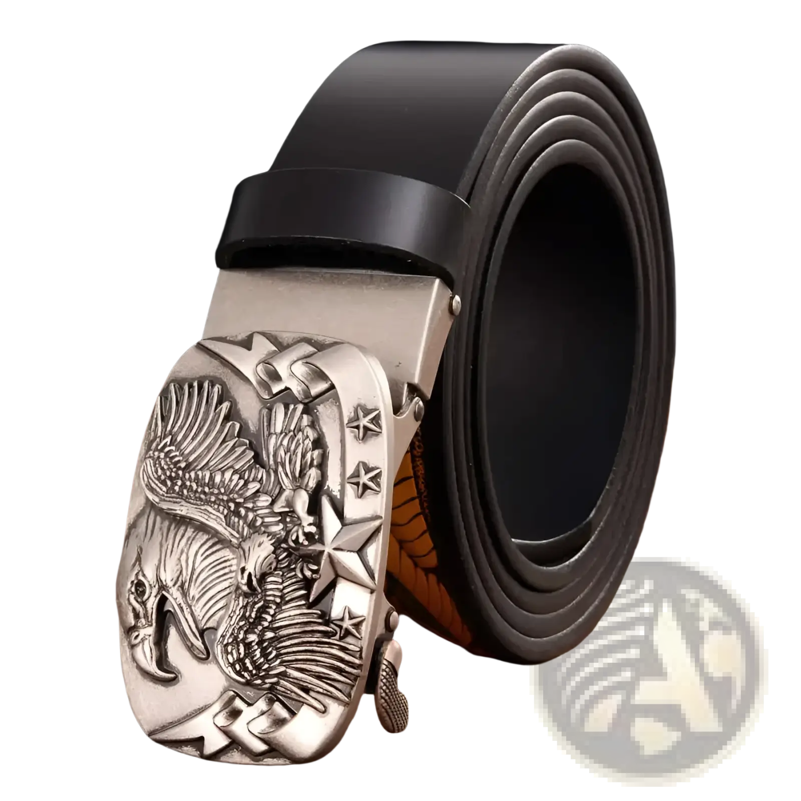 Men’s leather ratchet belt with silver eagle buckle, black leather strap, and star accents for a bold look