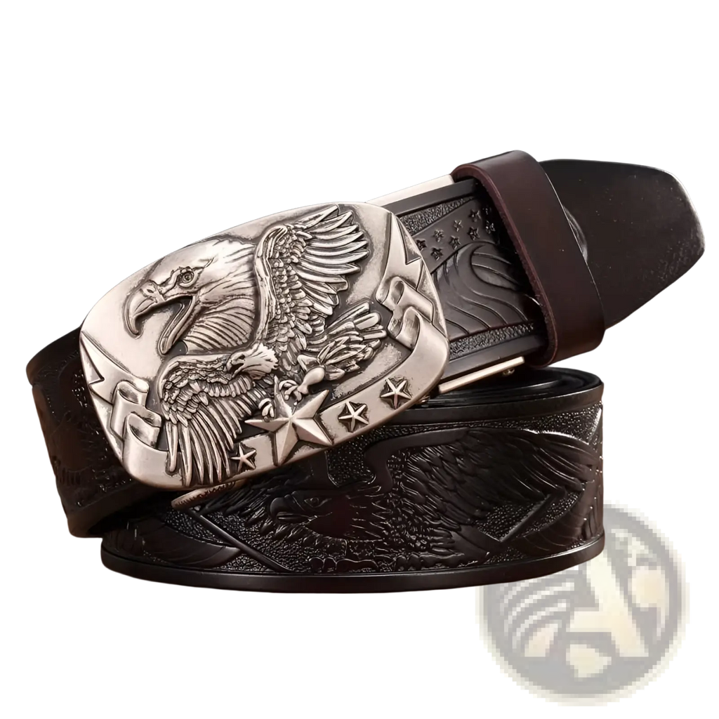 Men’s leather ratchet belt with dark brown leather strap and silver eagle buckle featuring embossed star and eagle designs