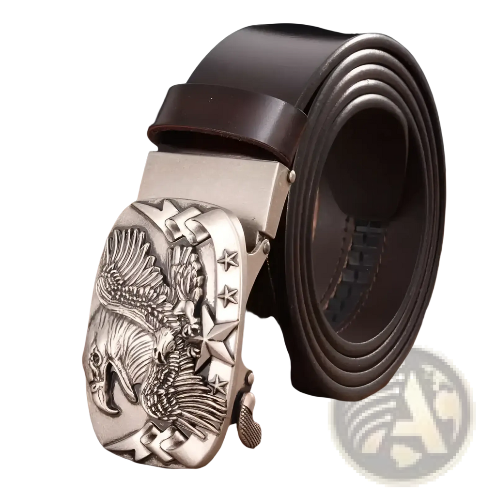 Men’s leather ratchet belt with silver eagle buckle and dark brown leather strap for a stylish and secure fit