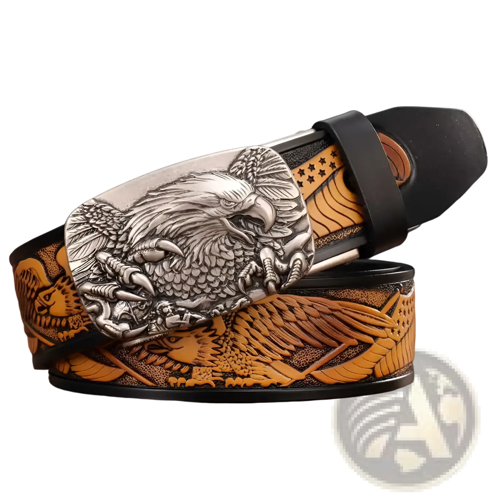 Men’s leather ratchet belt with a silver eagle buckle featuring intricately carved wings and stars on a tan strap