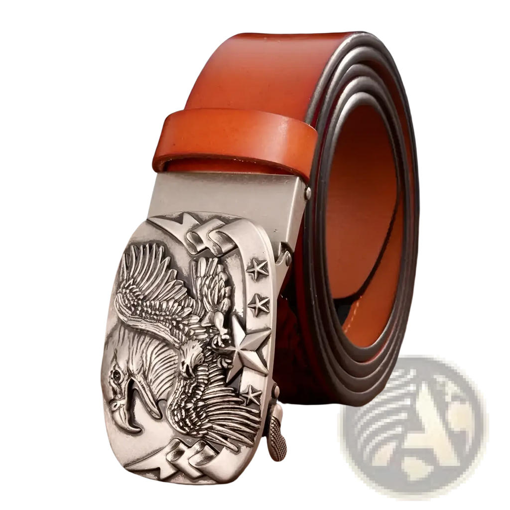 Men’s leather ratchet belt with silver eagle buckle and orange leather strap for stylish and adjustable wear