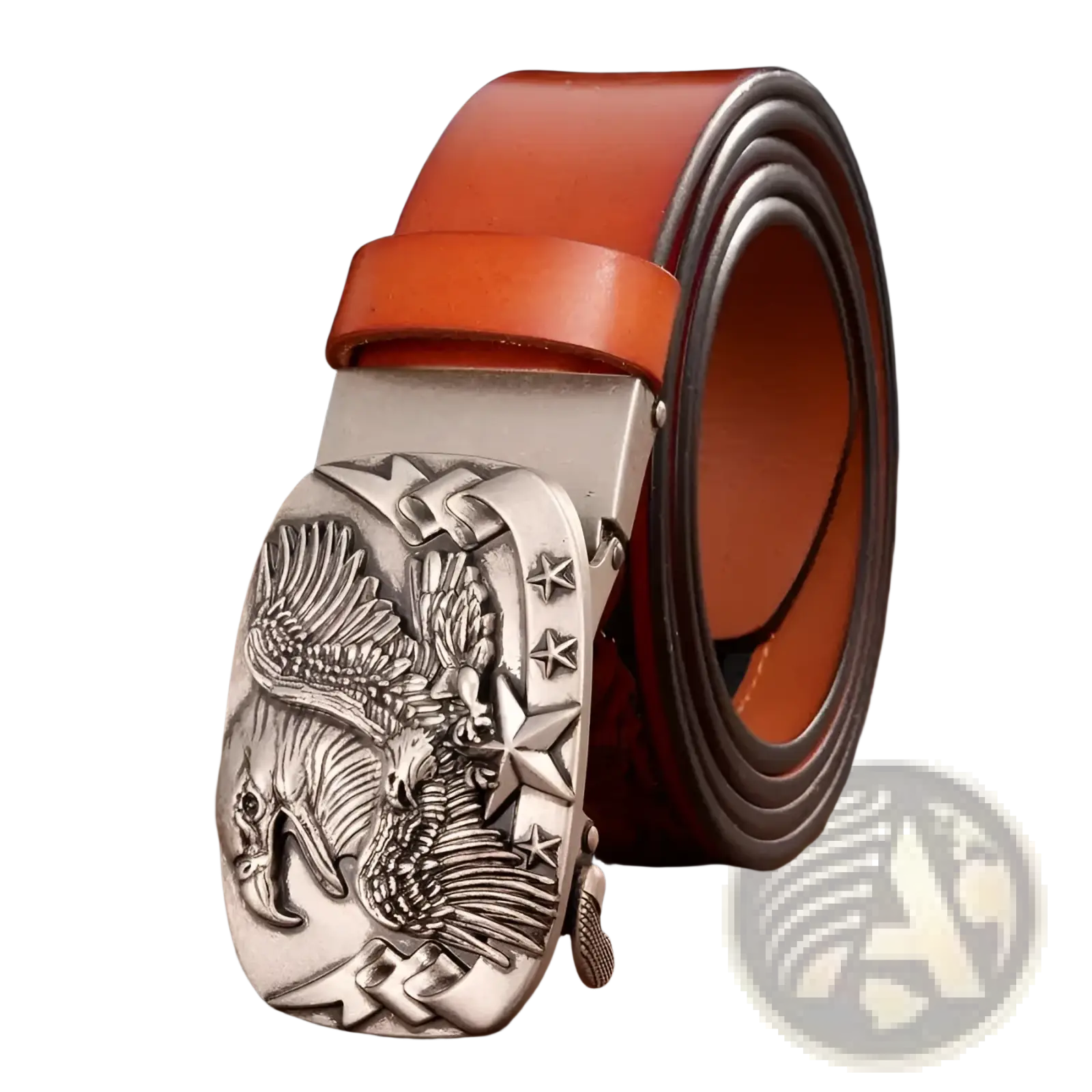 Men’s leather ratchet belt with silver eagle buckle and orange leather strap for stylish and adjustable wear