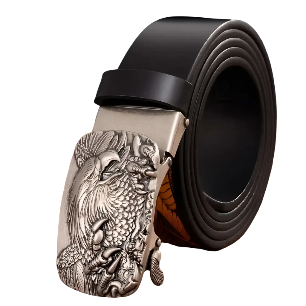 Men’s leather ratchet belt with silver eagle buckle featuring intricate detailing and a black leather strap