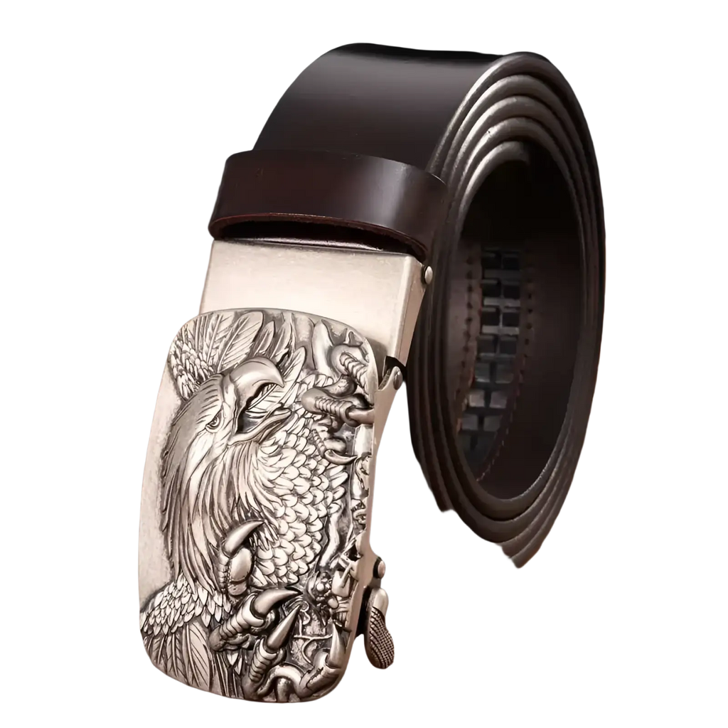 Men’s leather ratchet belt with a dark brown strap and silver eagle-themed buckle featuring detailed engraving