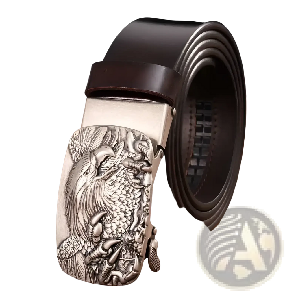 Men’s leather ratchet belt with a dark brown strap and silver eagle-themed buckle featuring detailed engraving