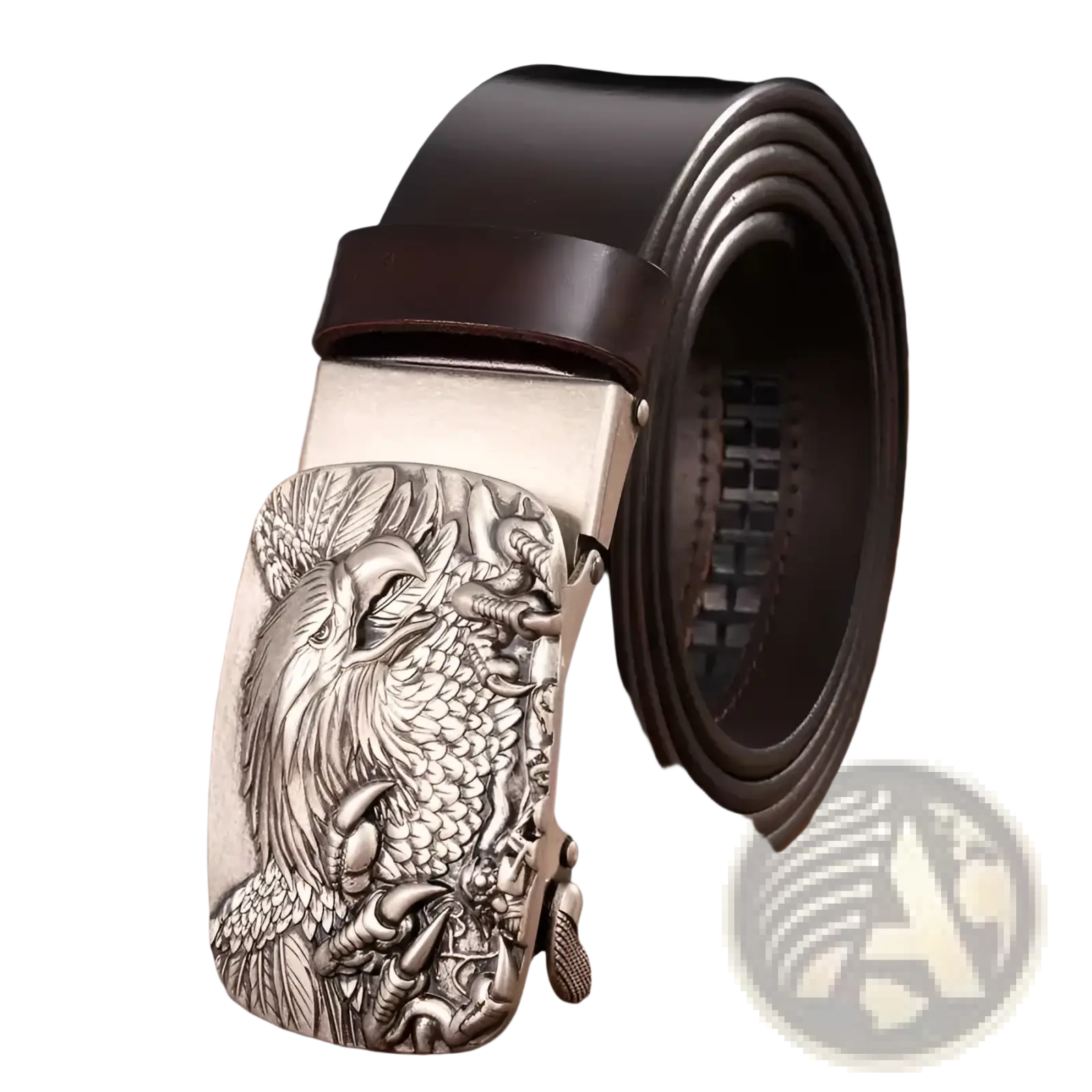 Men’s leather ratchet belt with a dark brown strap and silver eagle-themed buckle featuring detailed engraving